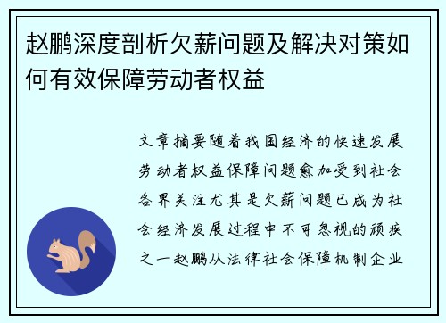 赵鹏深度剖析欠薪问题及解决对策如何有效保障劳动者权益