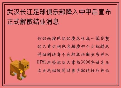 武汉长江足球俱乐部降入中甲后宣布正式解散结业消息
