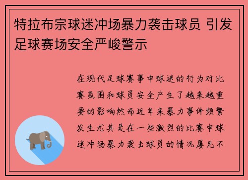特拉布宗球迷冲场暴力袭击球员 引发足球赛场安全严峻警示 特拉布宗球迷冲场暴力袭击球员 引发足球赛场安全严峻警示